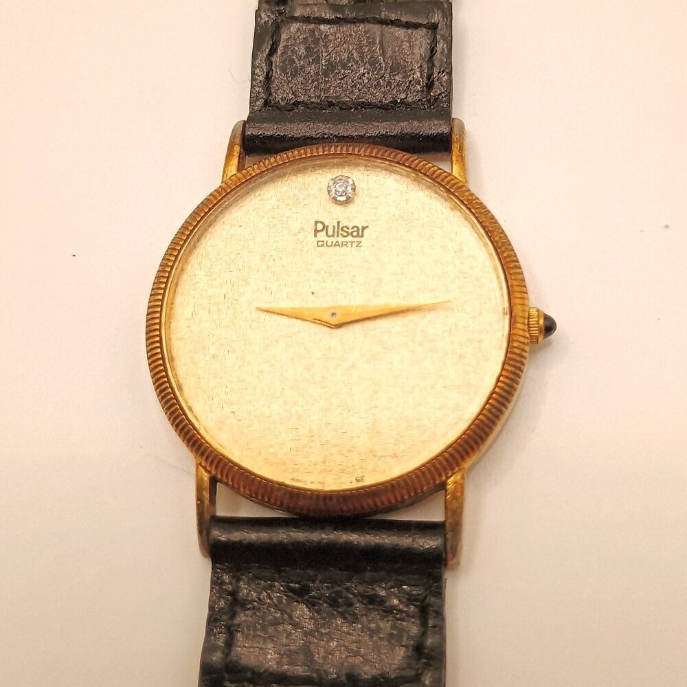 Pulsar Gold Toned Men's Wristwatch with Black Genuine Leather Strap